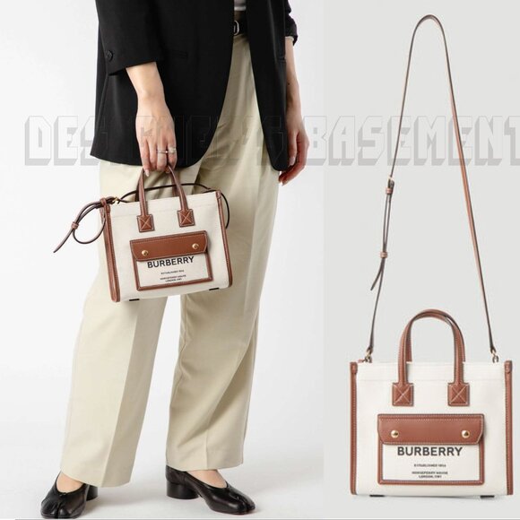 BURBERRY ivory Canvas FREYA Horseferry Logo Leather trim Crossbody Tote Bag NWT - Picture 3 of 11